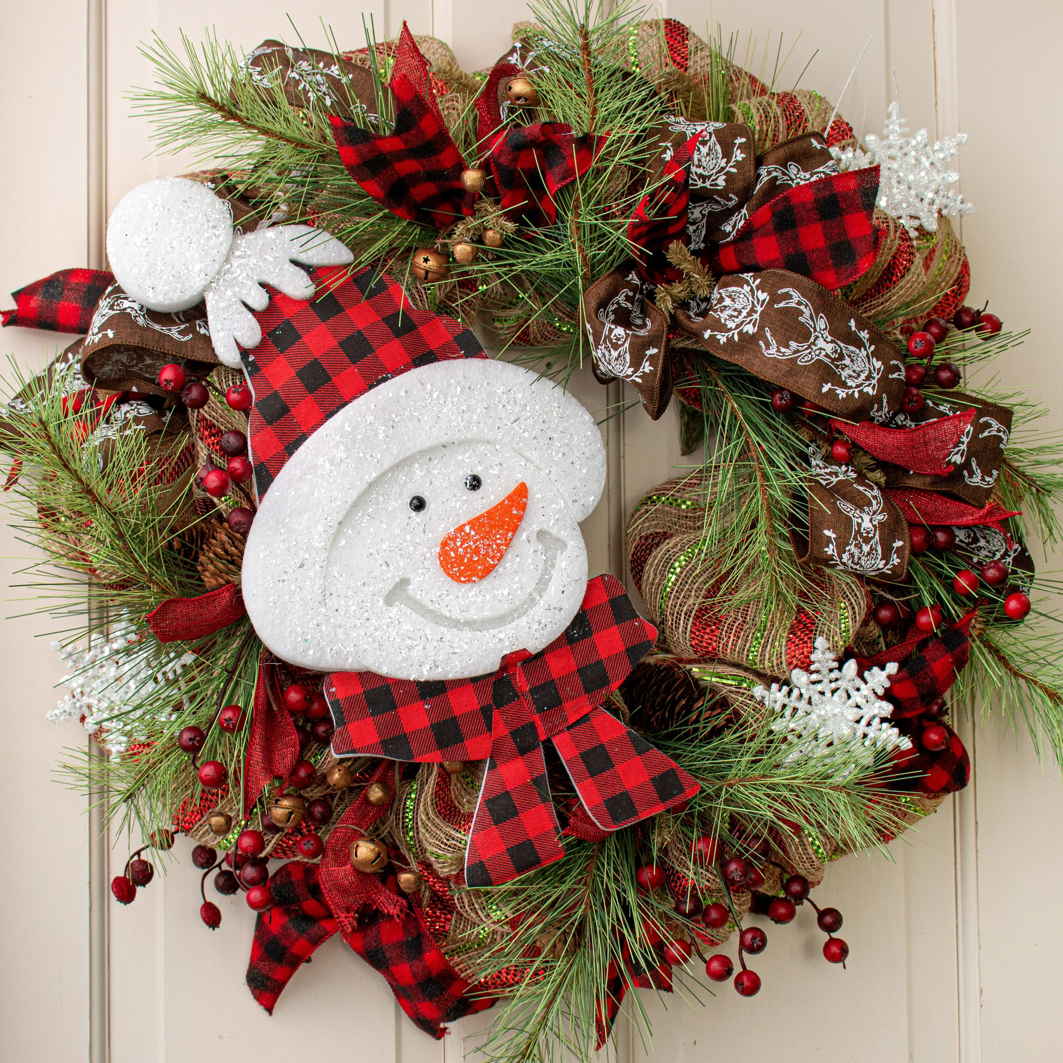 17" Foam & Fabric Snowman Head Ornament: Buffalo Plaid