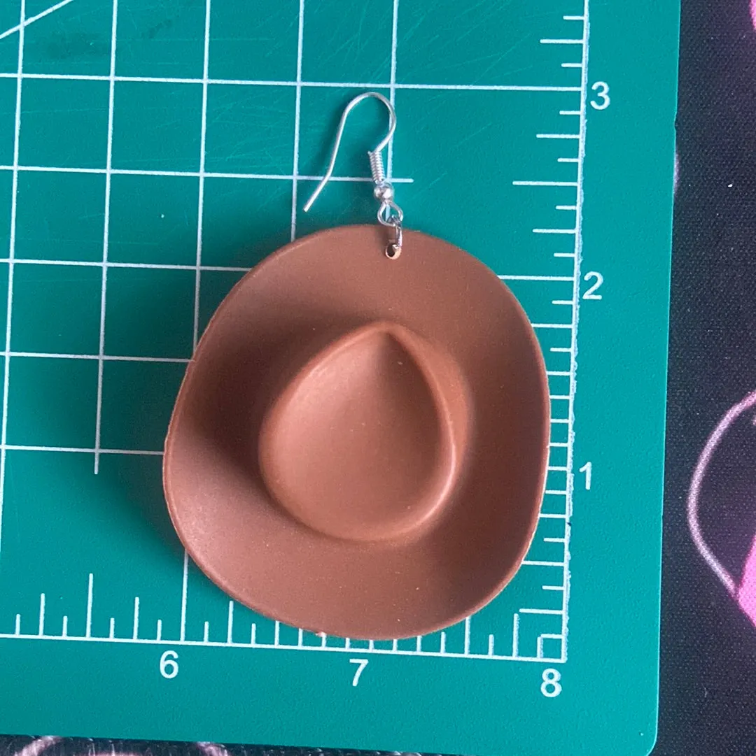 3D Brown Cowboy Hat Earrings