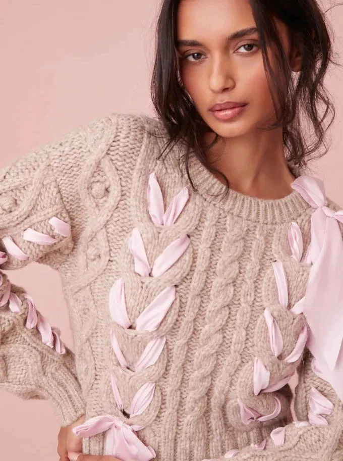 Arabella Cable Knit Sweater with Ribbon