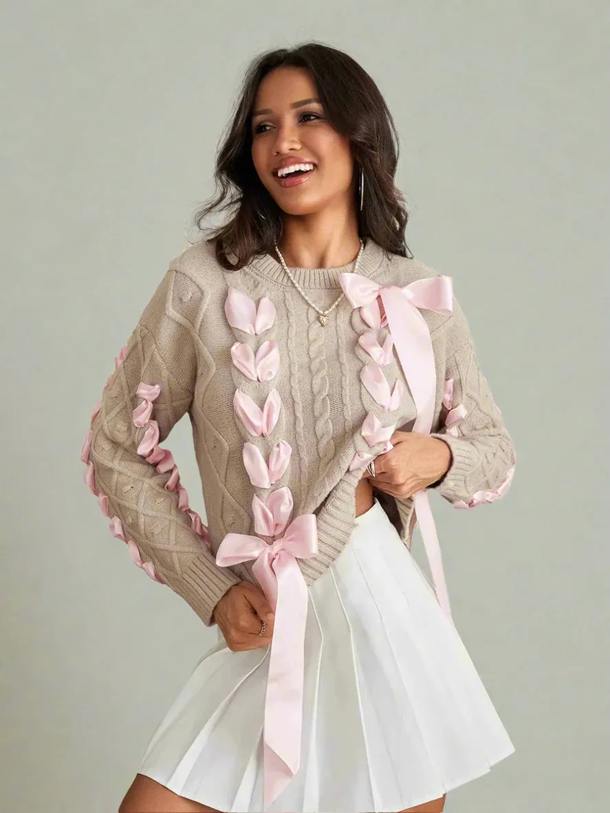 Arabella Cable Knit Sweater with Ribbon