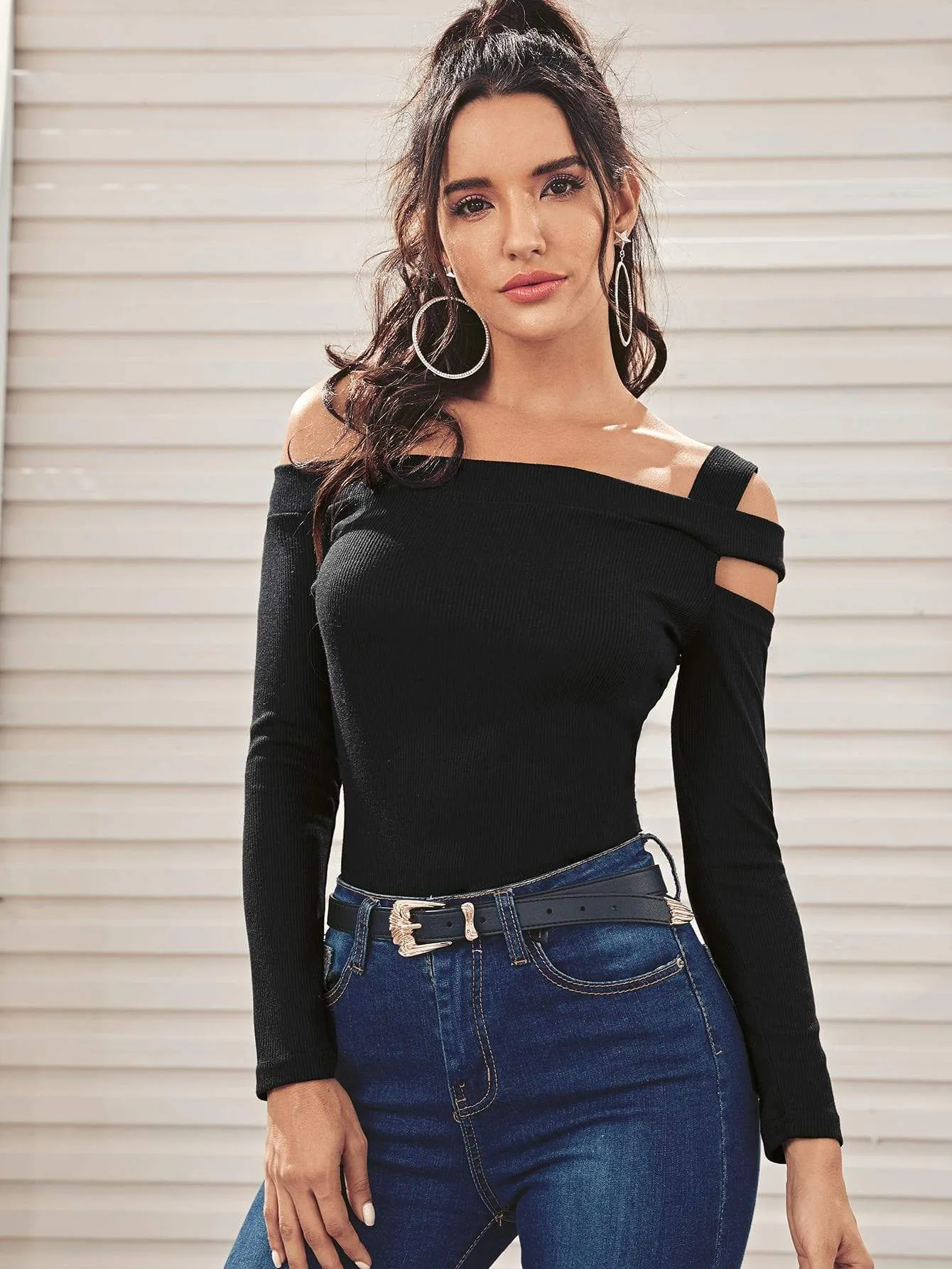 Black Asymmetrical Neck Rib-Knit Tee