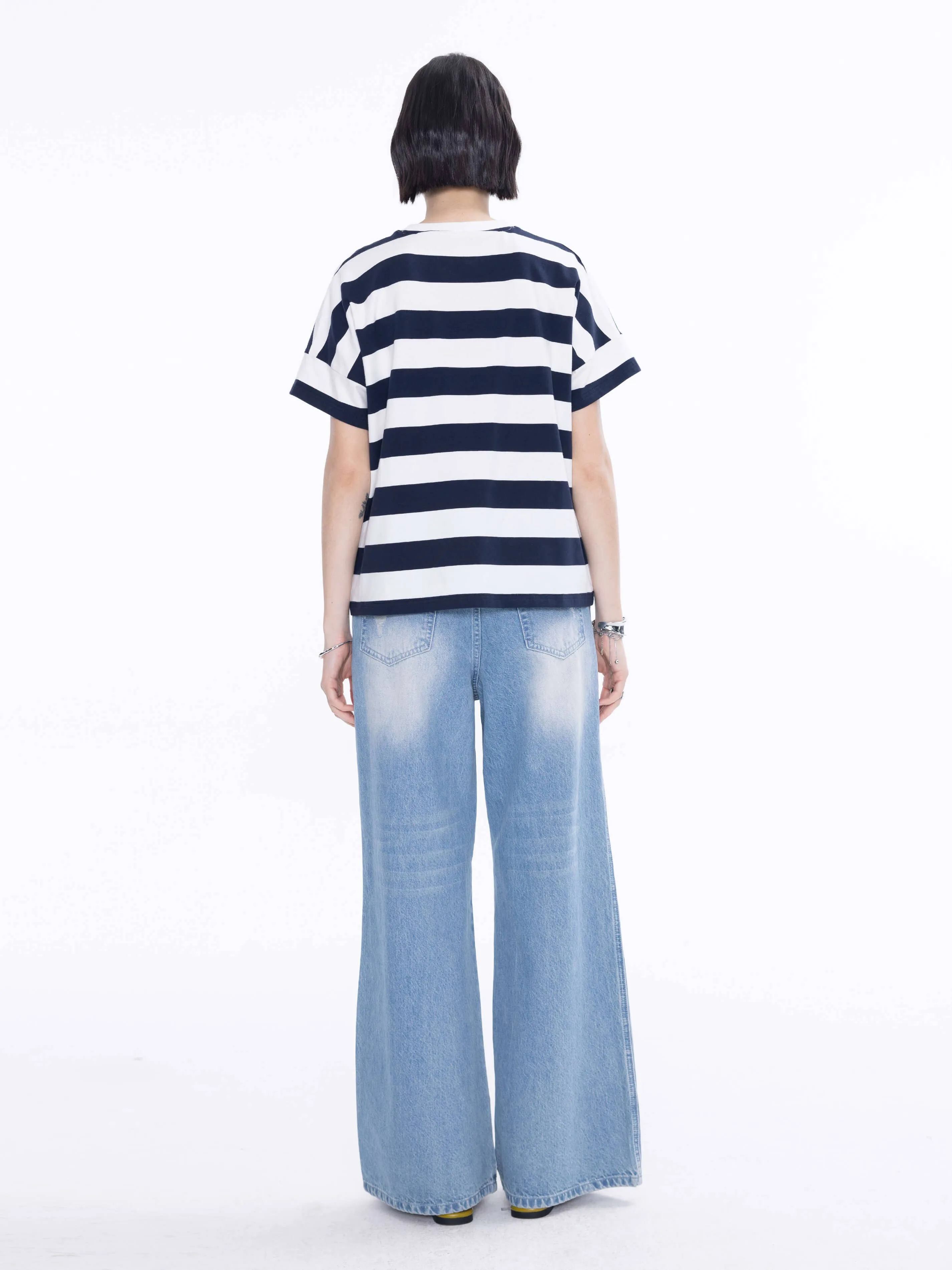 CUBIC Heart Oversized Striped T-Shirt: Navy / M