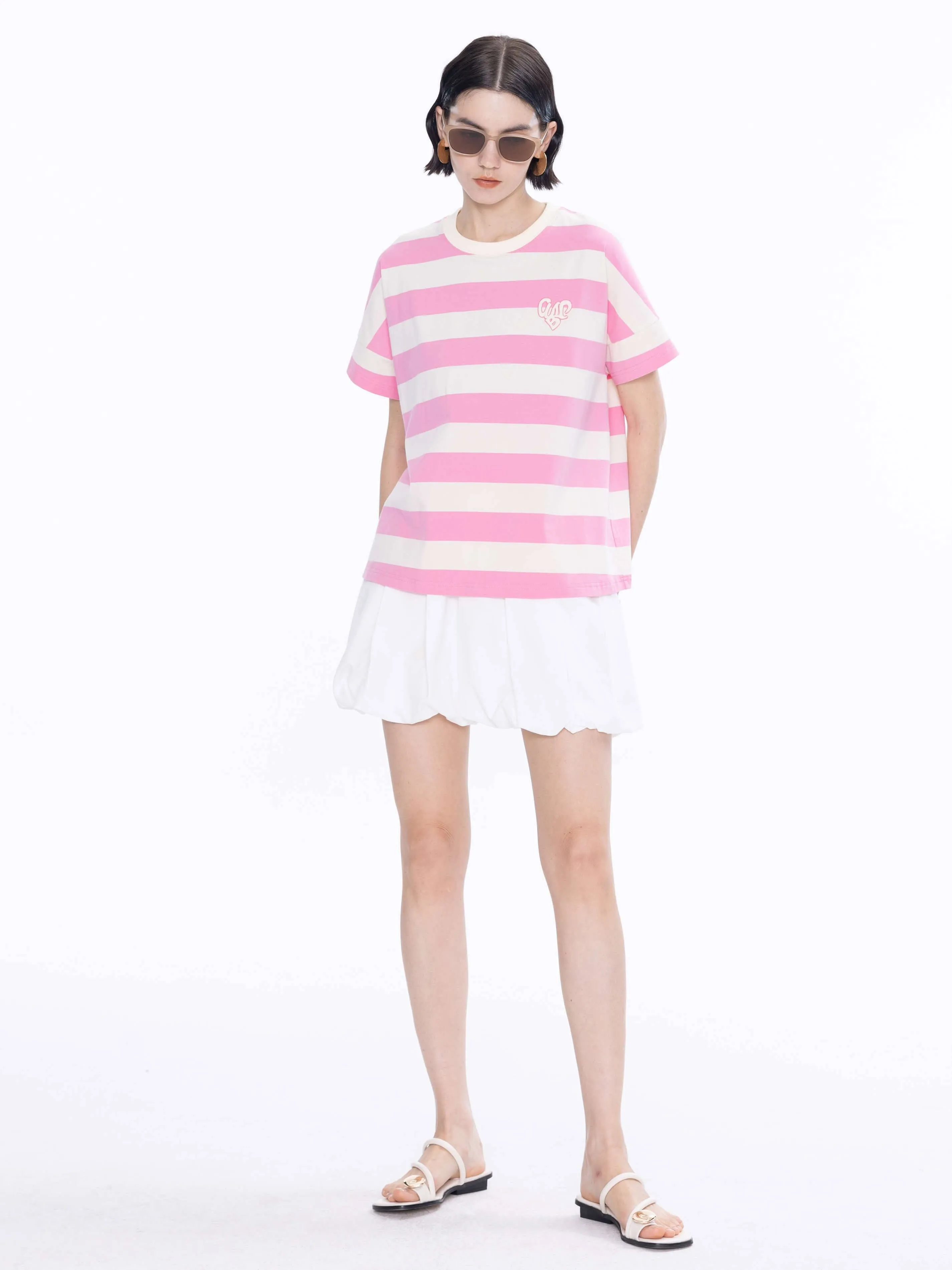 CUBIC Heart Oversized Striped T-Shirt: Navy / M
