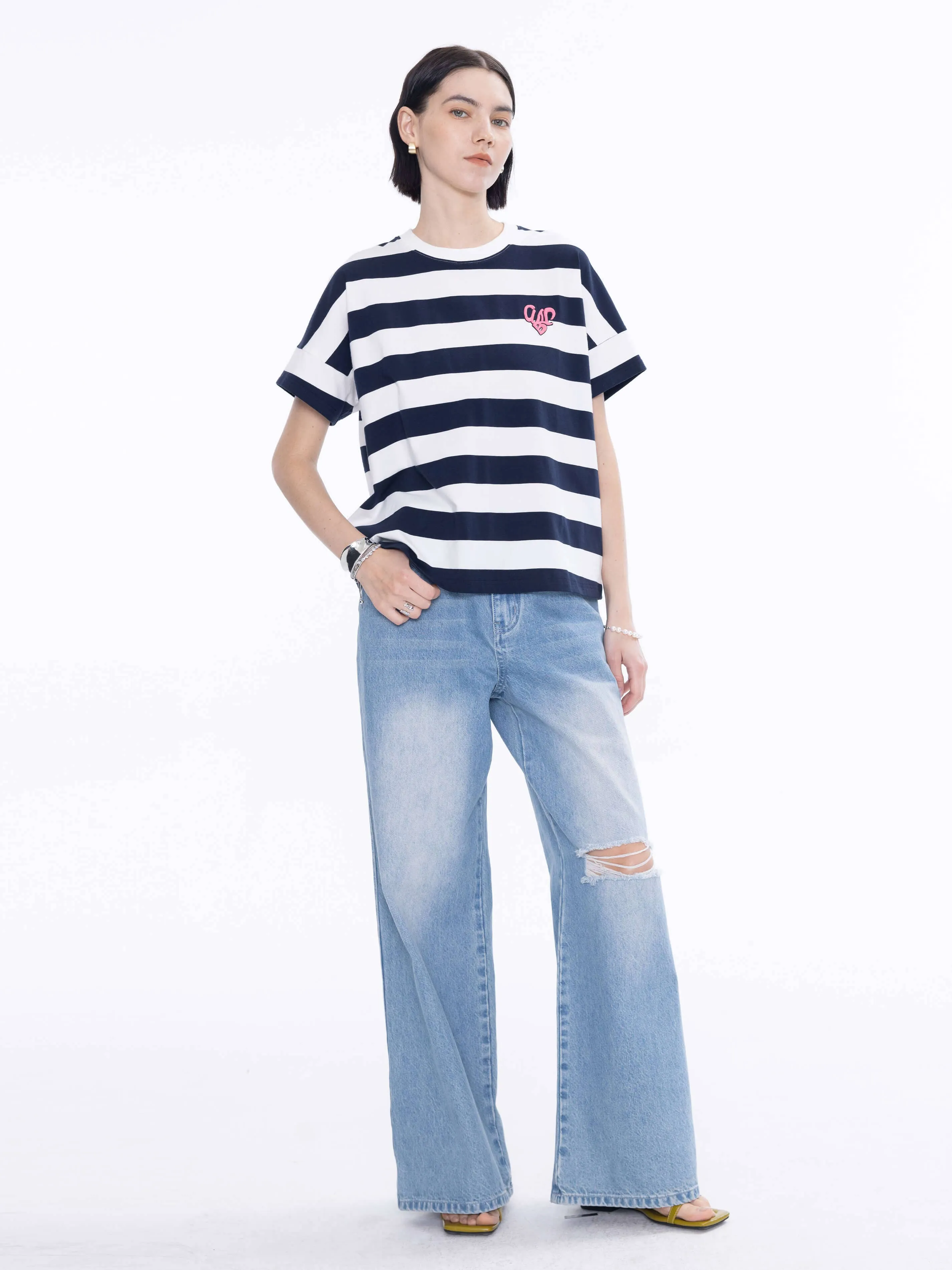 CUBIC Heart Oversized Striped T-Shirt: Navy / M
