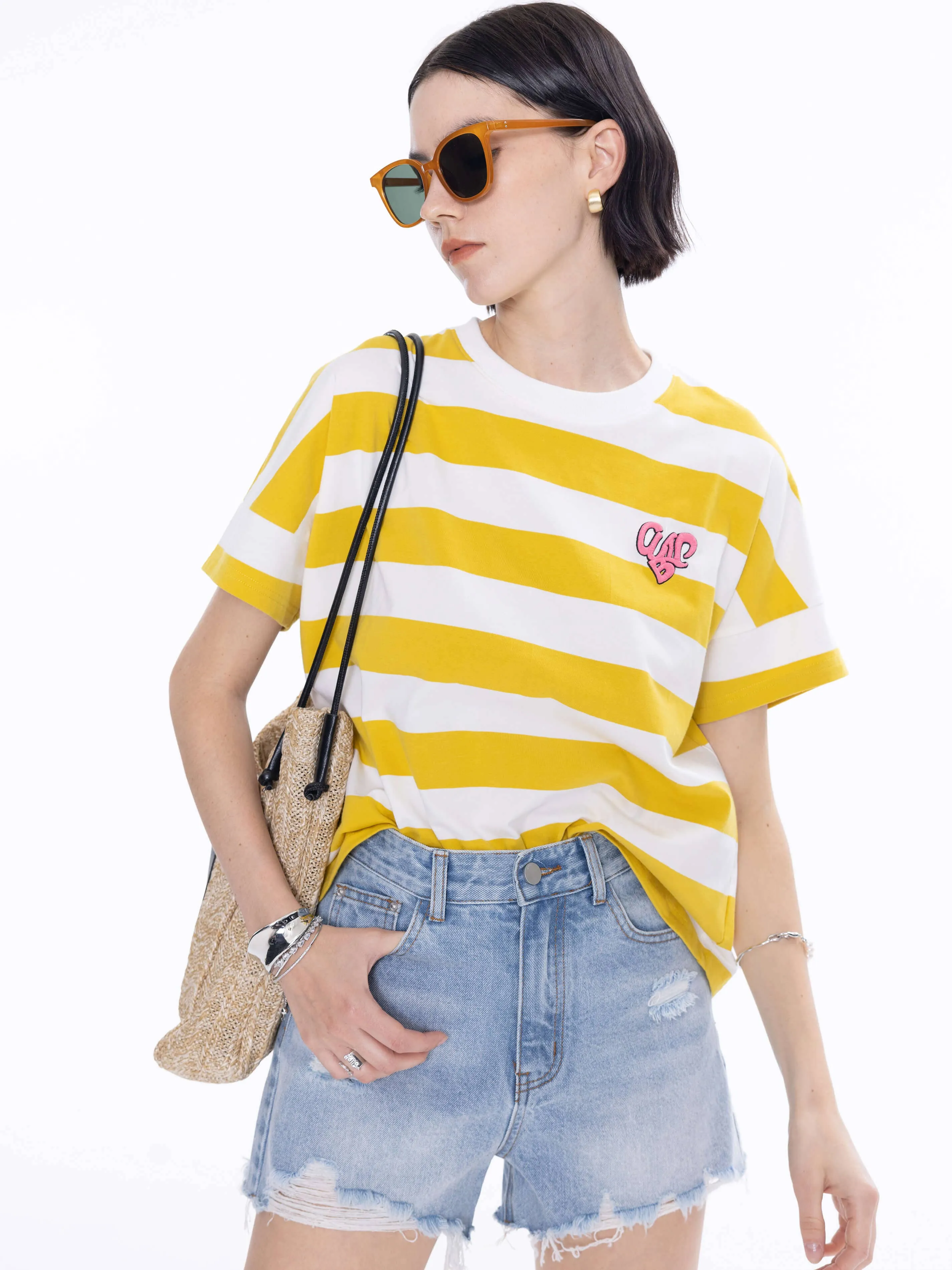 CUBIC Heart Oversized Striped T-Shirt: Navy / M