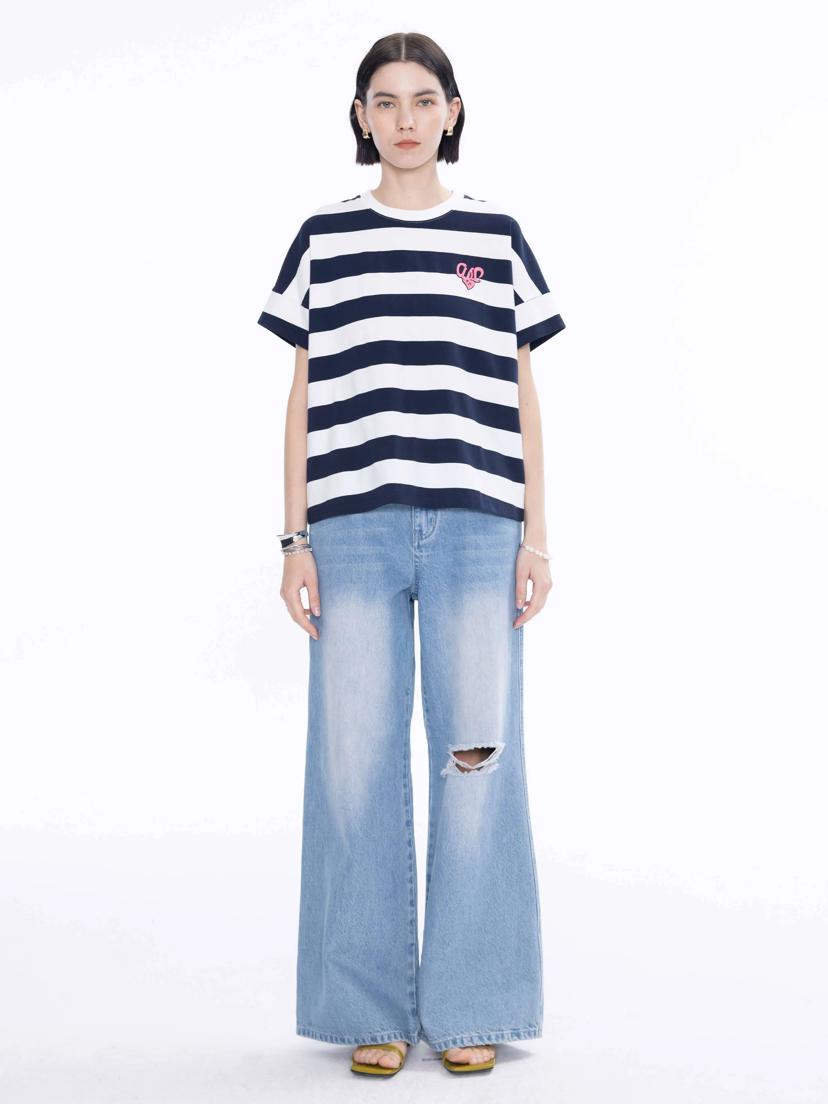 CUBIC Heart Oversized Striped T-Shirt: Navy / M