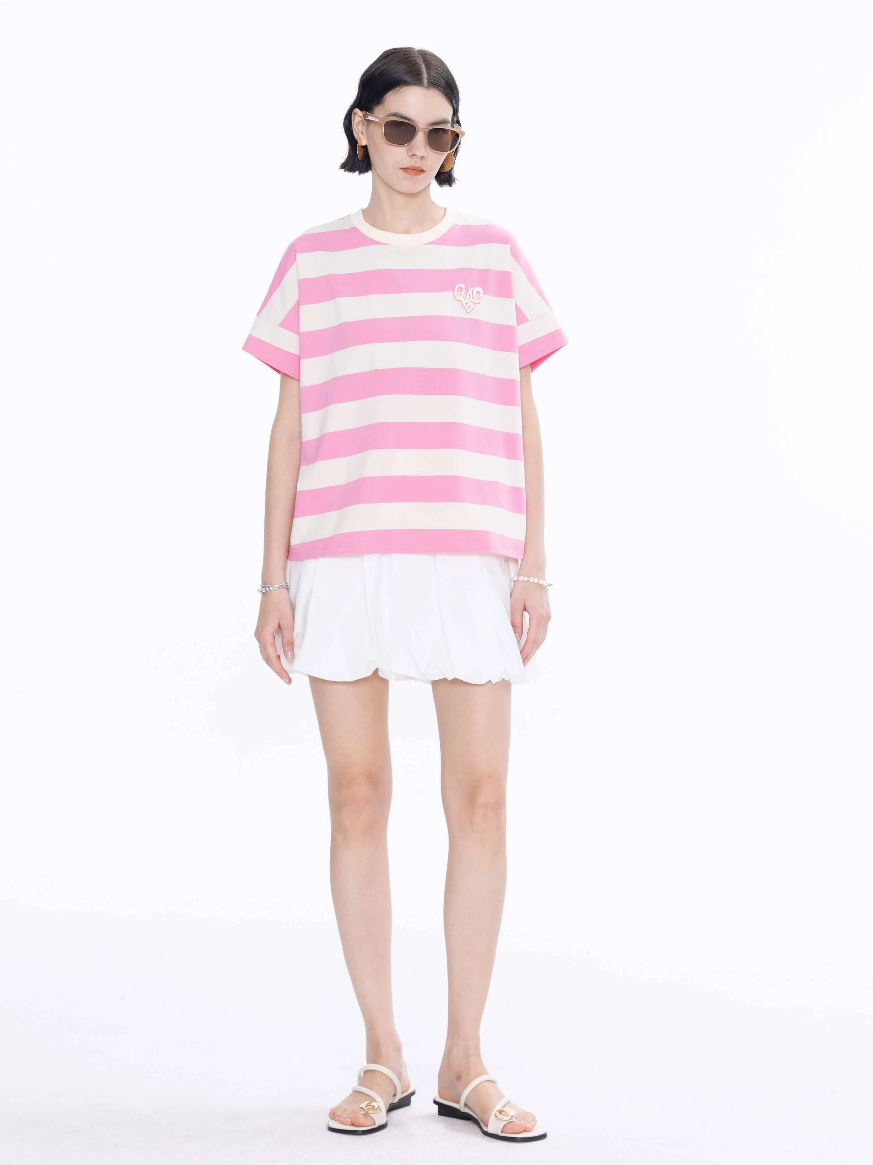 CUBIC Heart Oversized Striped T-Shirt: Navy / M