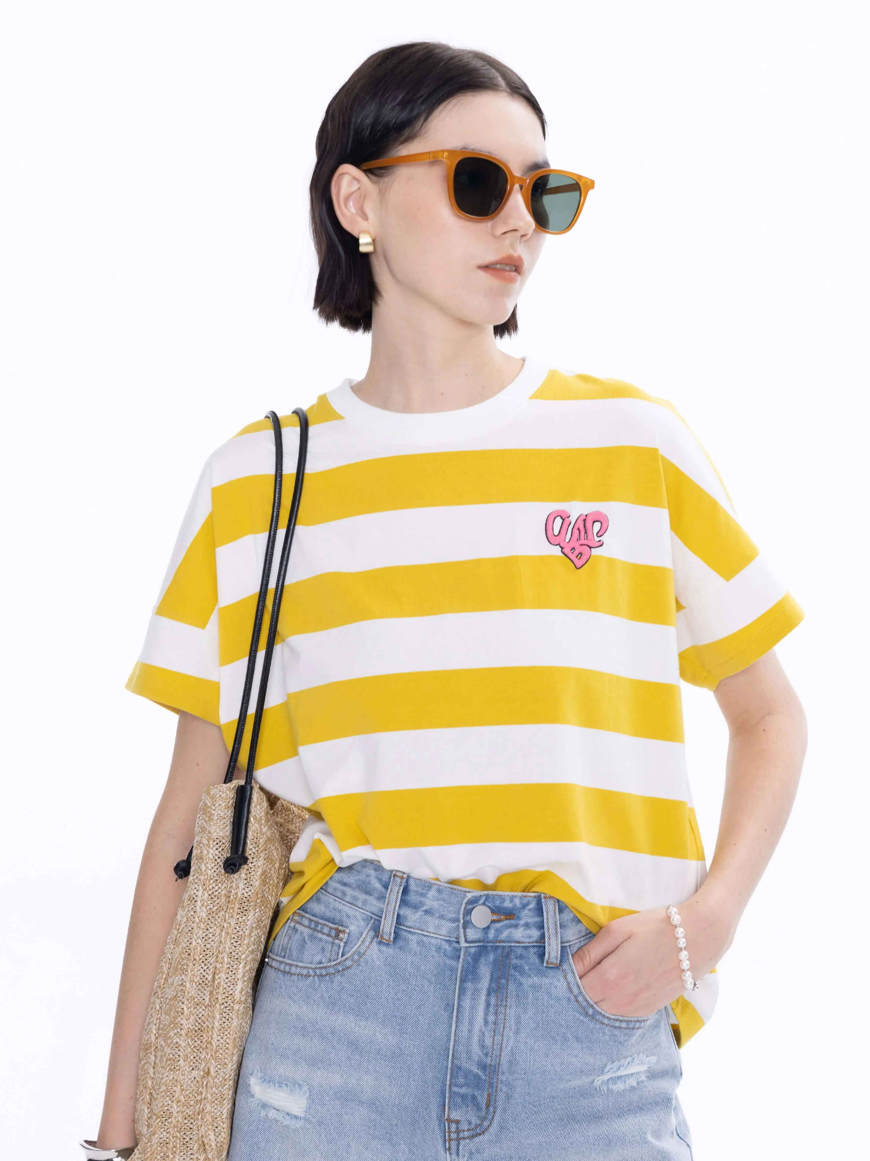 CUBIC Heart Oversized Striped T-Shirt: Navy / M