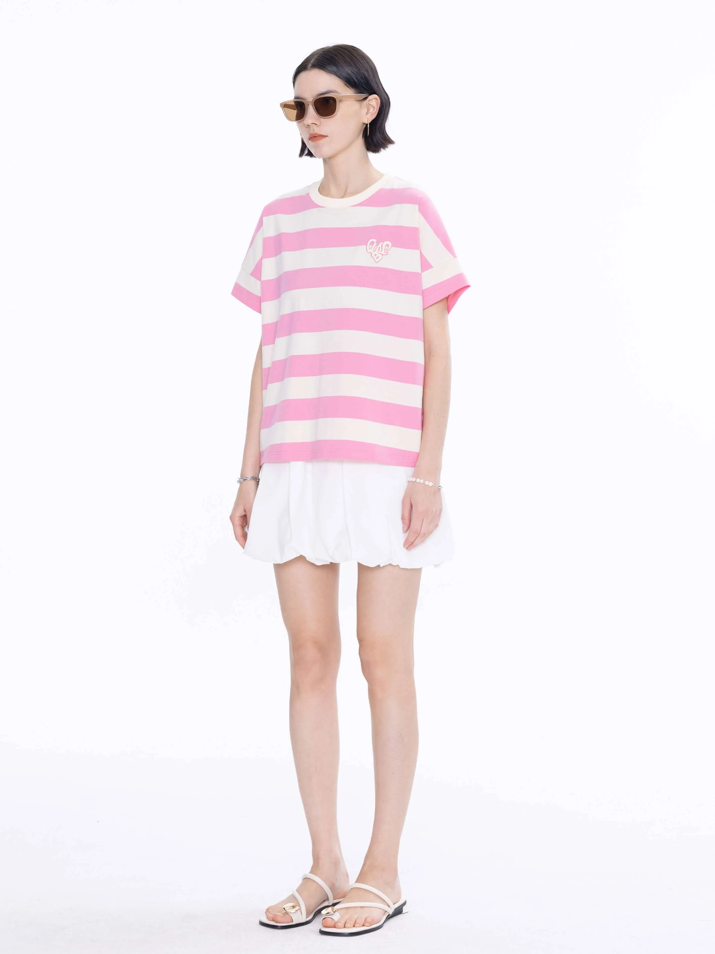 CUBIC Heart Oversized Striped T-Shirt: Navy / M