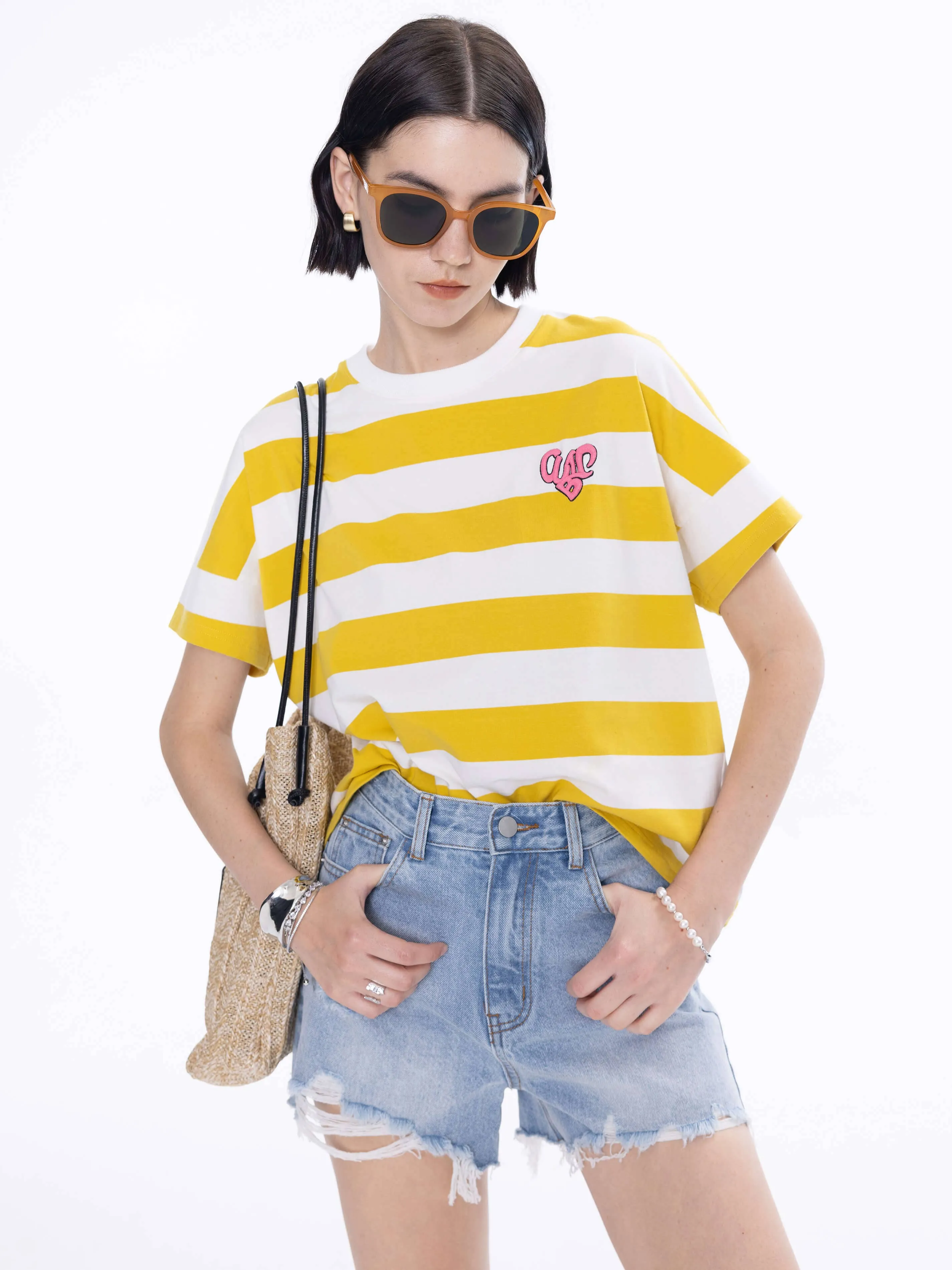 CUBIC Heart Oversized Striped T-Shirt: Navy / M