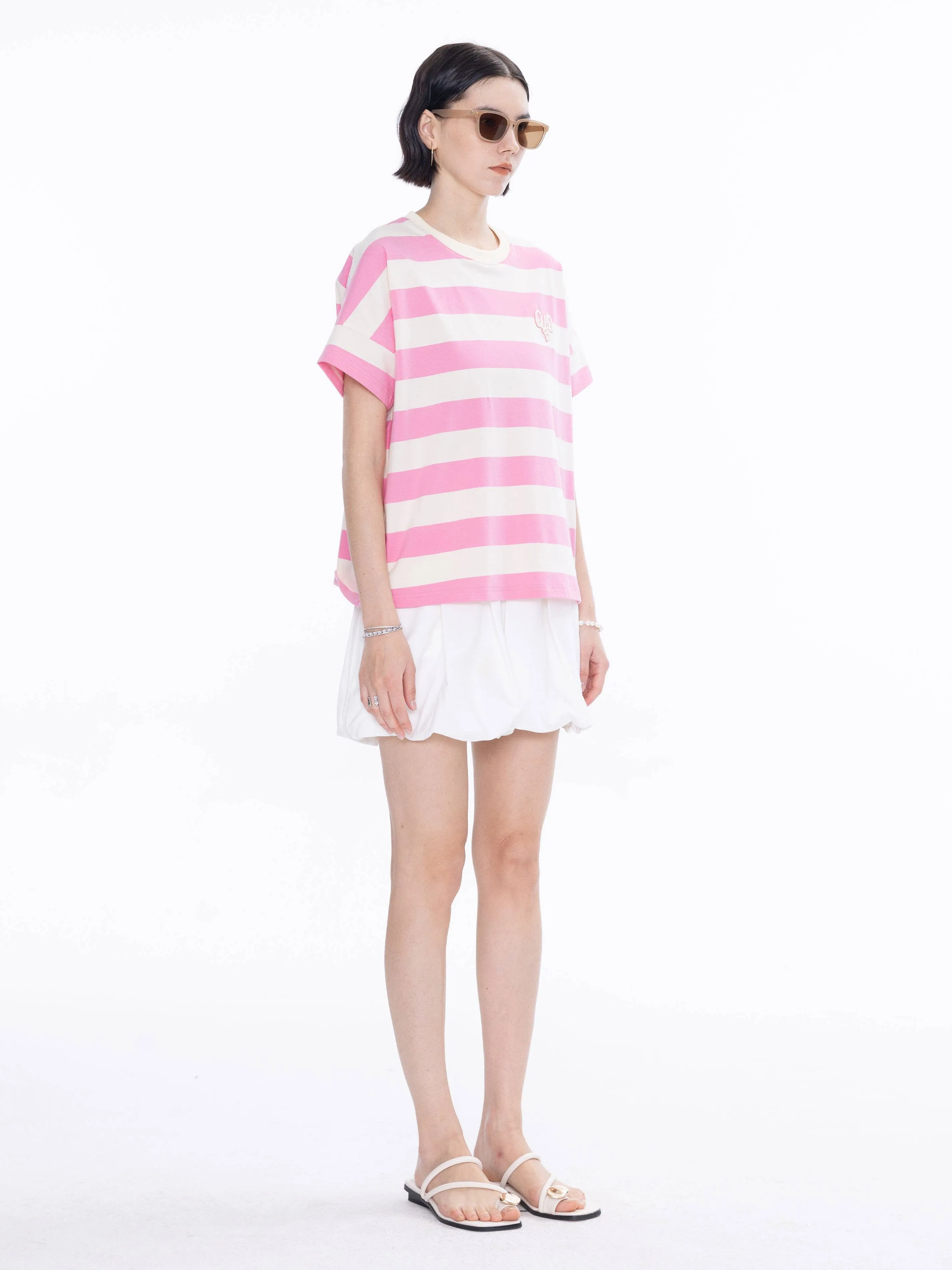 CUBIC Heart Oversized Striped T-Shirt: Navy / M