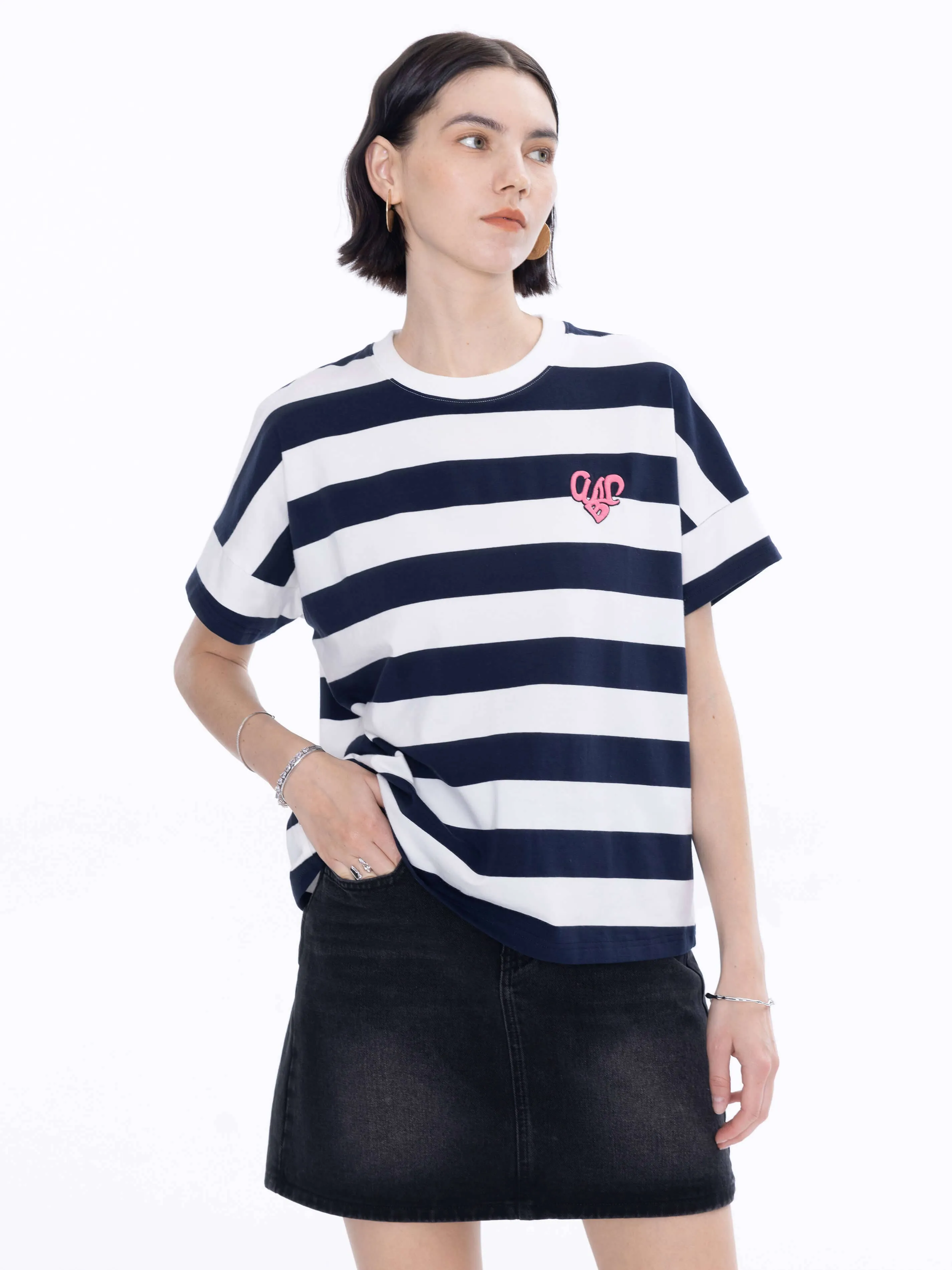 CUBIC Heart Oversized Striped T-Shirt: Navy / M