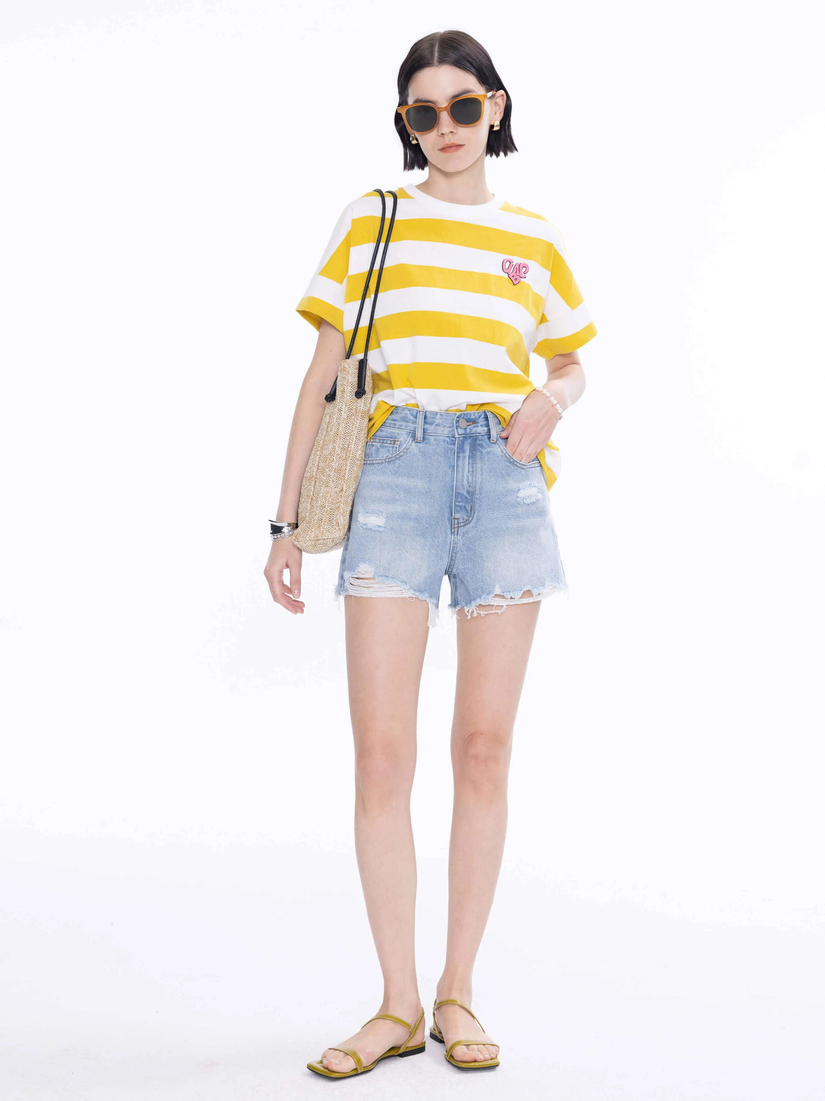CUBIC Heart Oversized Striped T-Shirt: Navy / M