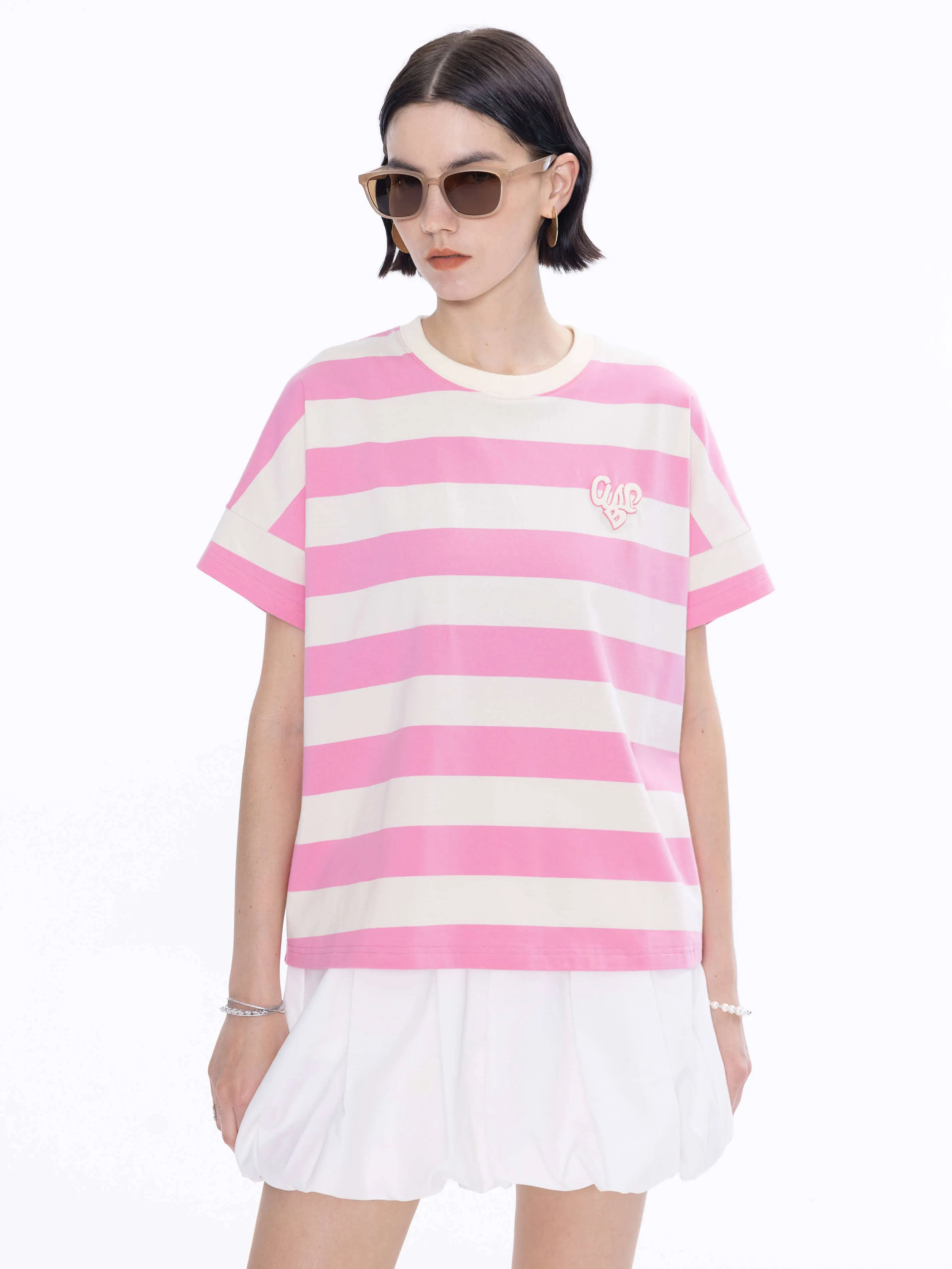 CUBIC Heart Oversized Striped T-Shirt: Navy / M