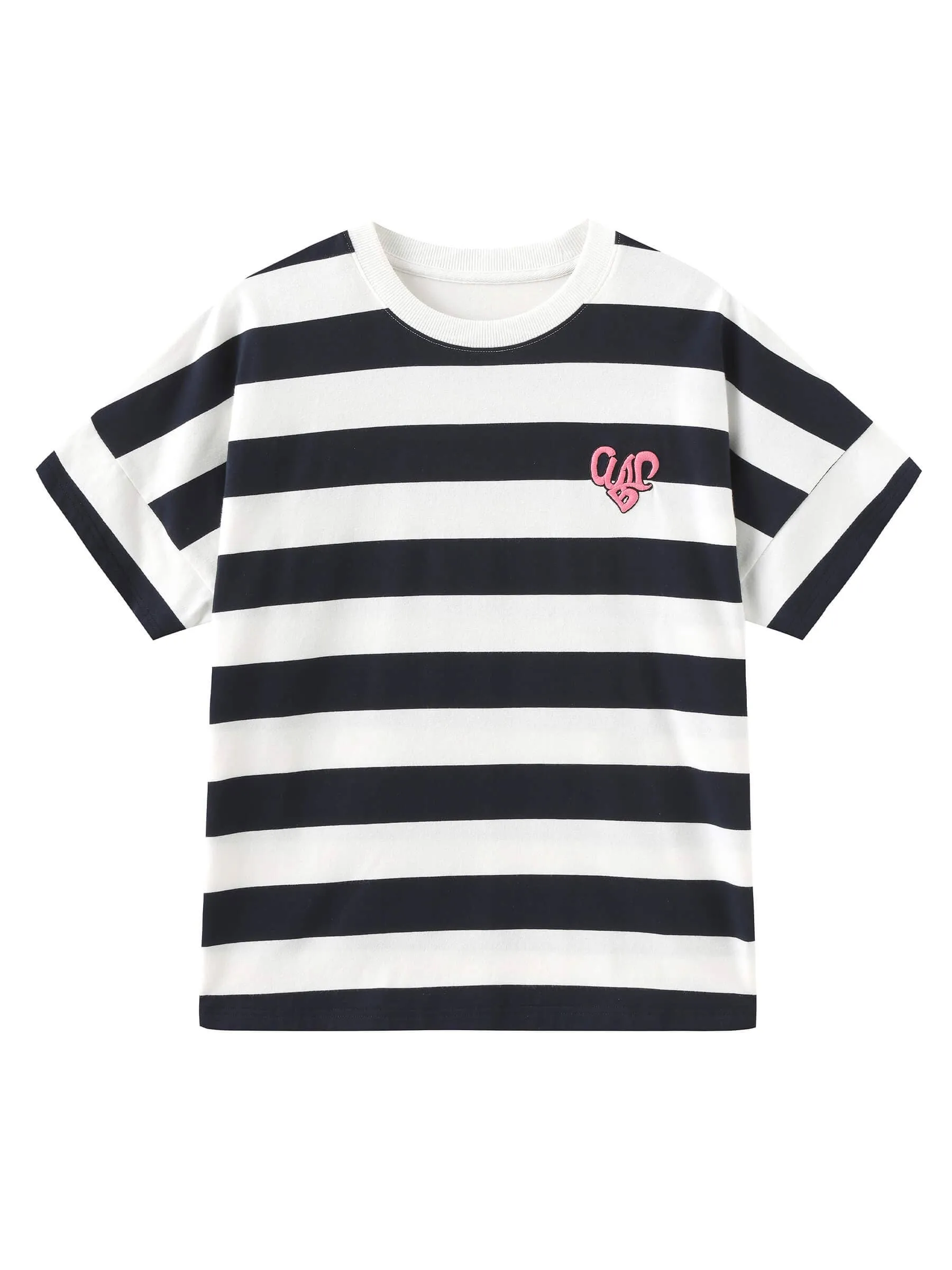 CUBIC Heart Oversized Striped T-Shirt: Navy / M