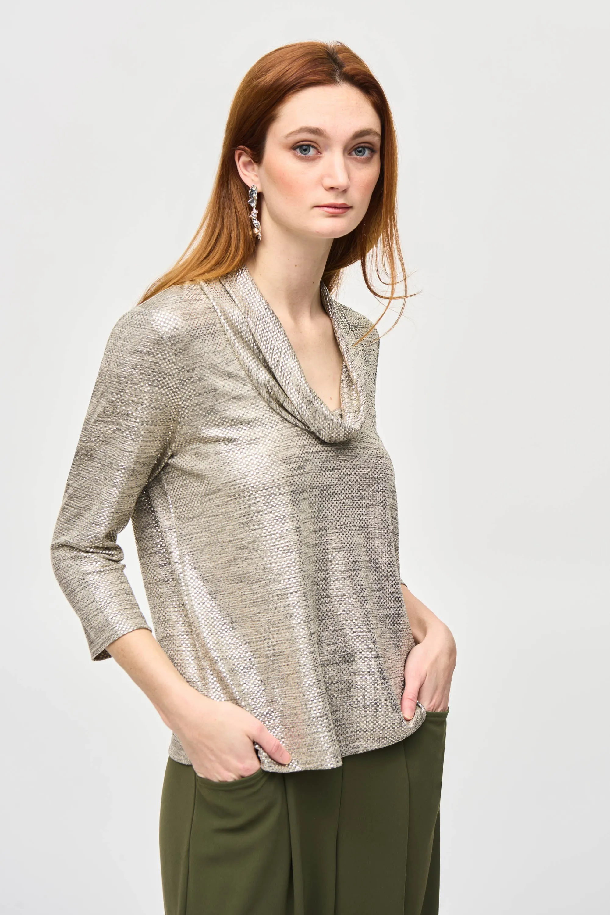 FOILED KNIT COWL NECK TOP