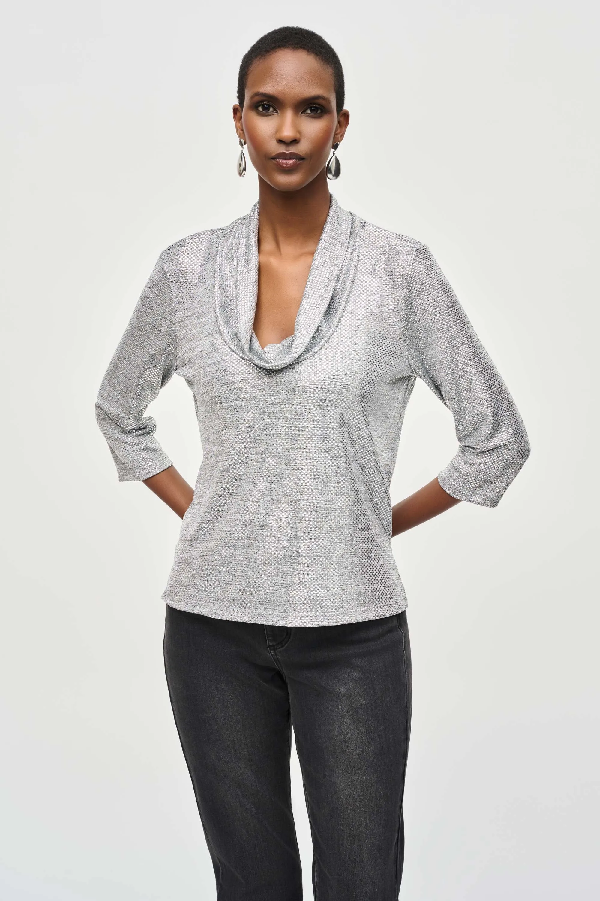 FOILED KNIT COWL NECK TOP