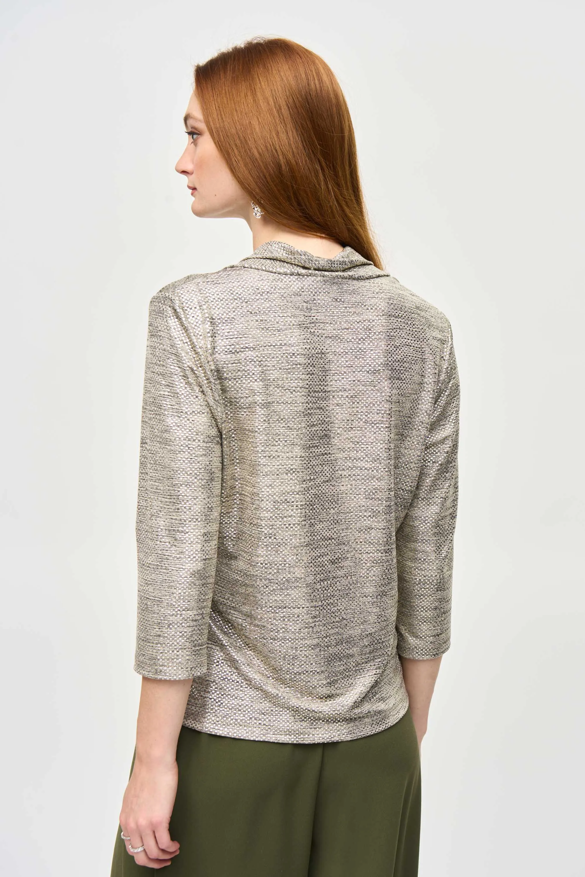 FOILED KNIT COWL NECK TOP