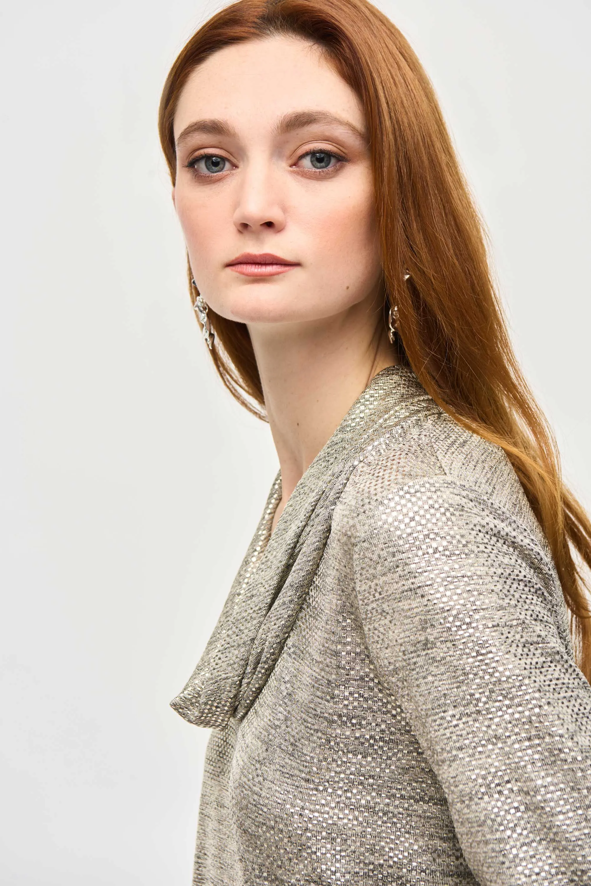 FOILED KNIT COWL NECK TOP