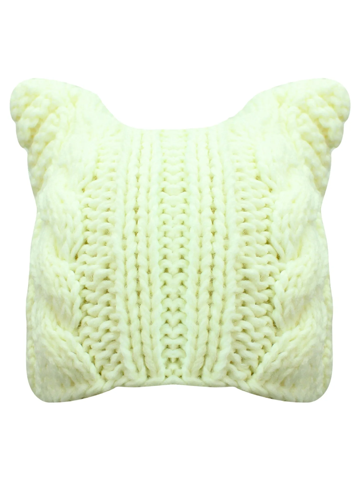 Ivory White Thick Cable Knit Beanie Hat With Pussy Cat Ears