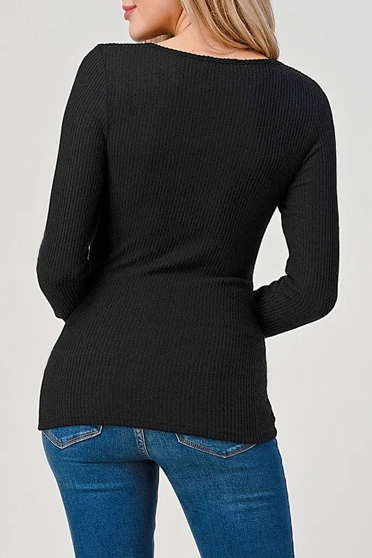 Melanie Long Sleeve Surplice Pleated Rib Knit Top Black