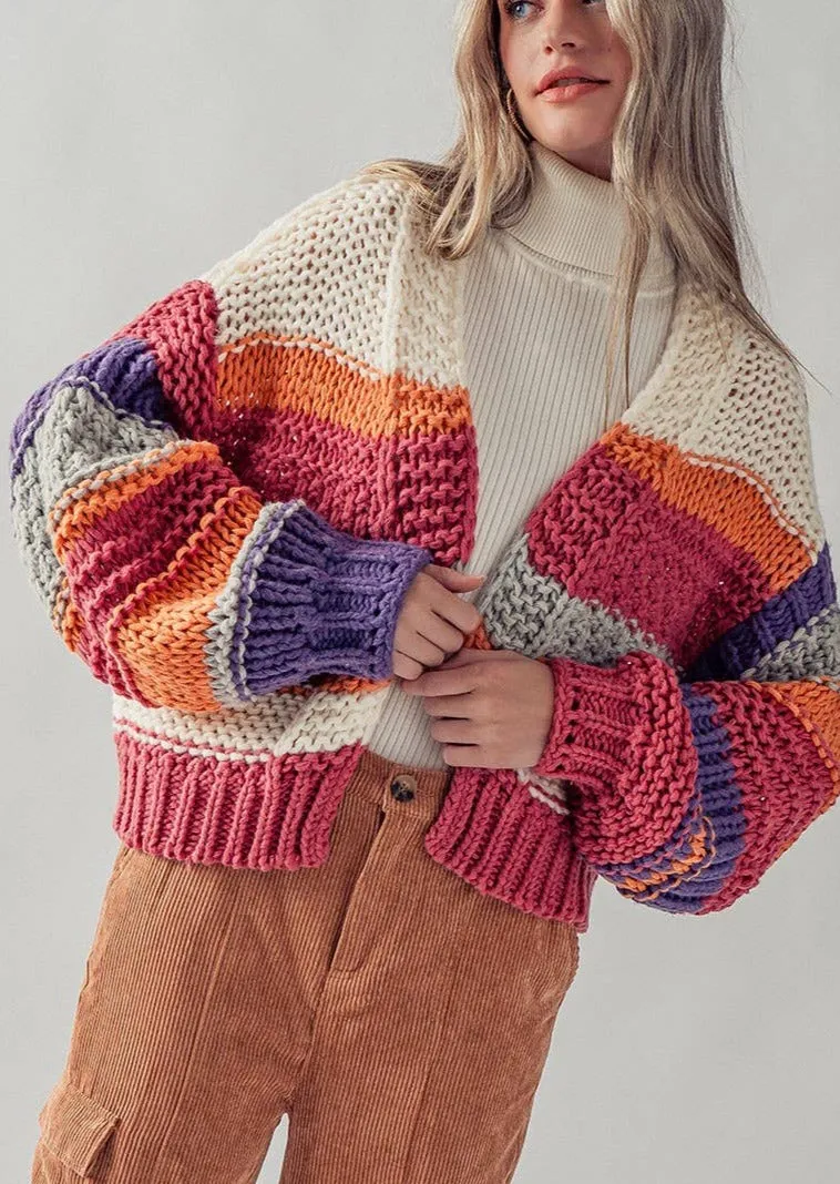 Open Front Chunky Knit Cardigan Color Block Sweater
