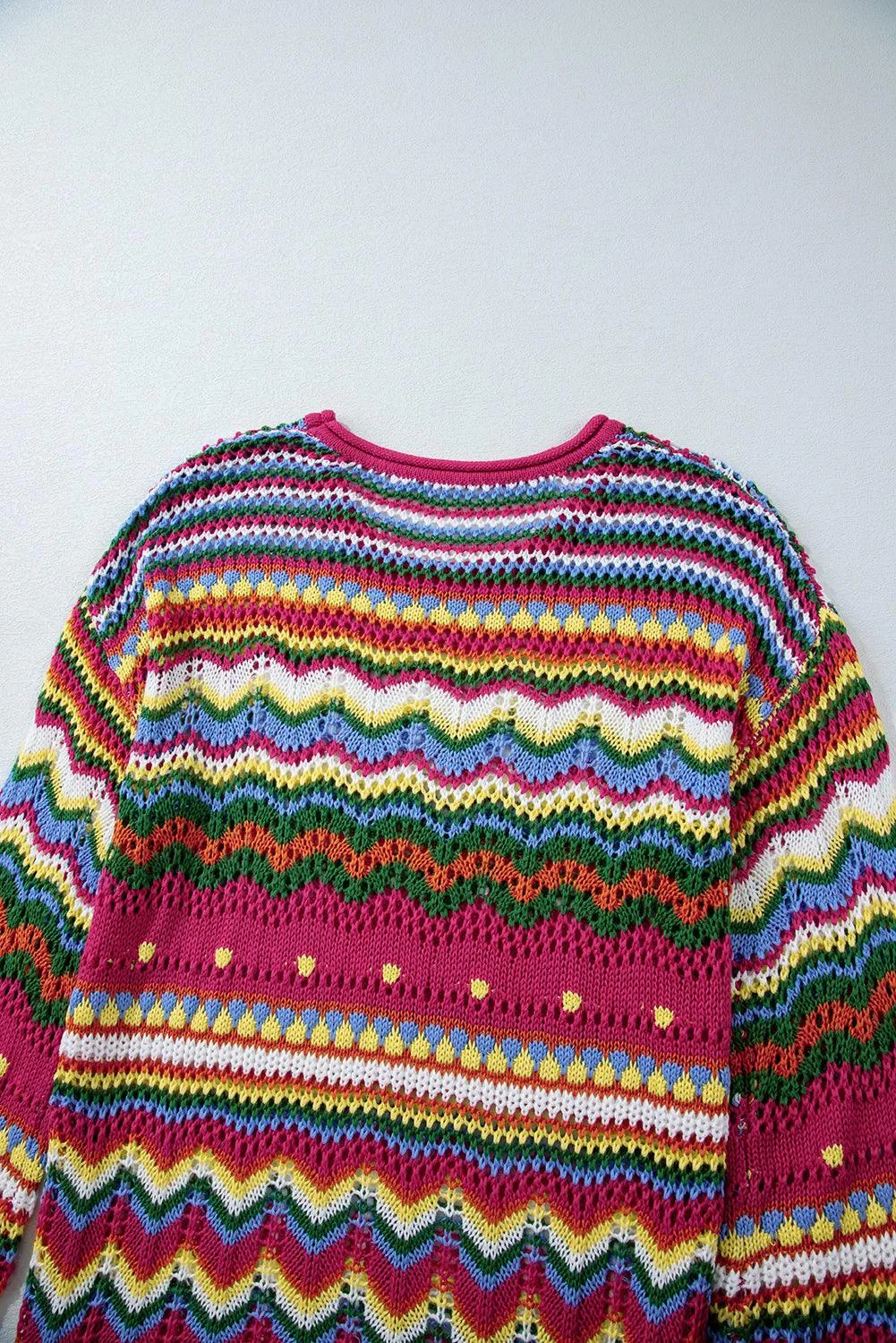 Openwork Contrast Round Neck Flare Sleeve Knit Top