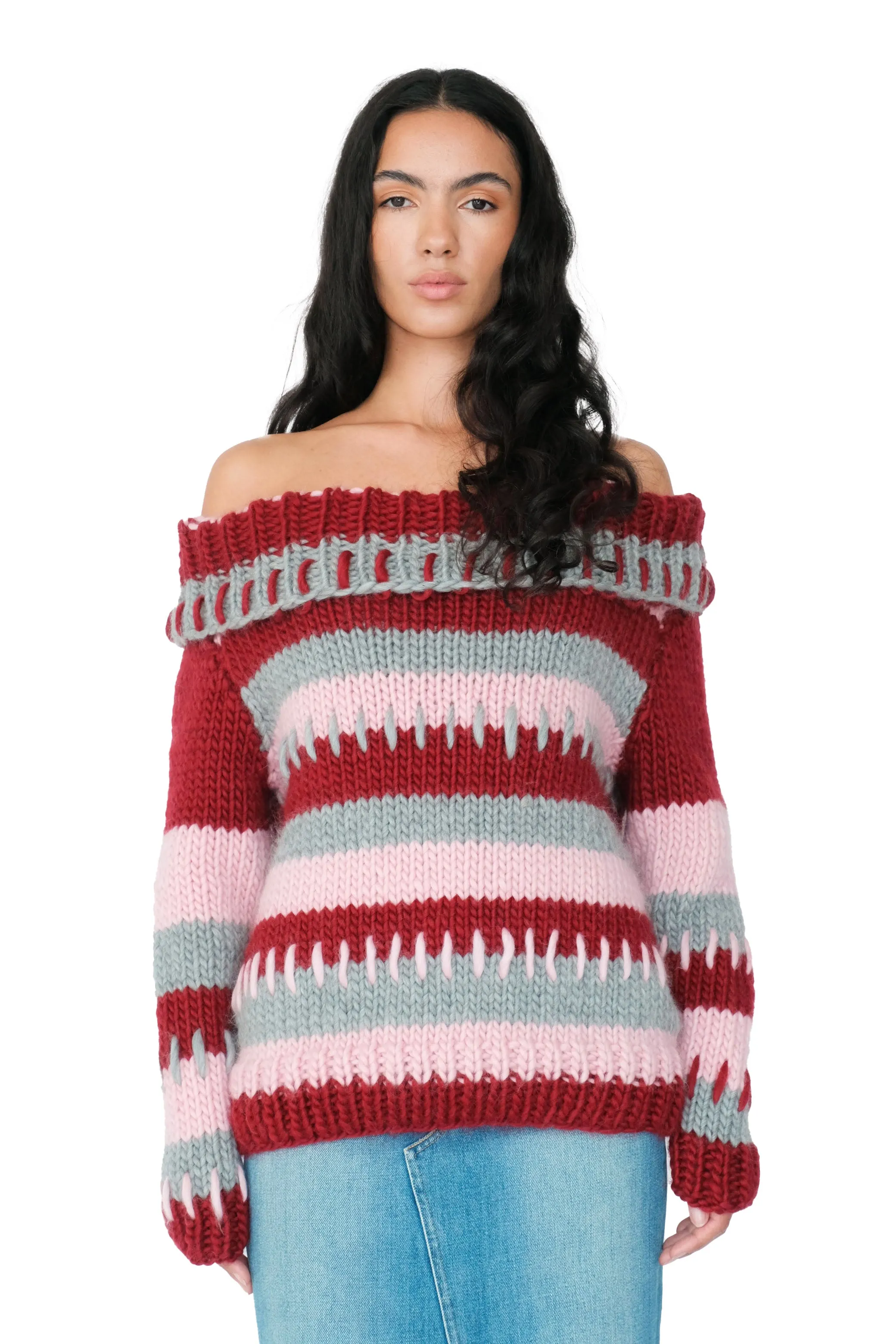 Patchwork Chunky Knit Off The Shoulder Sweater