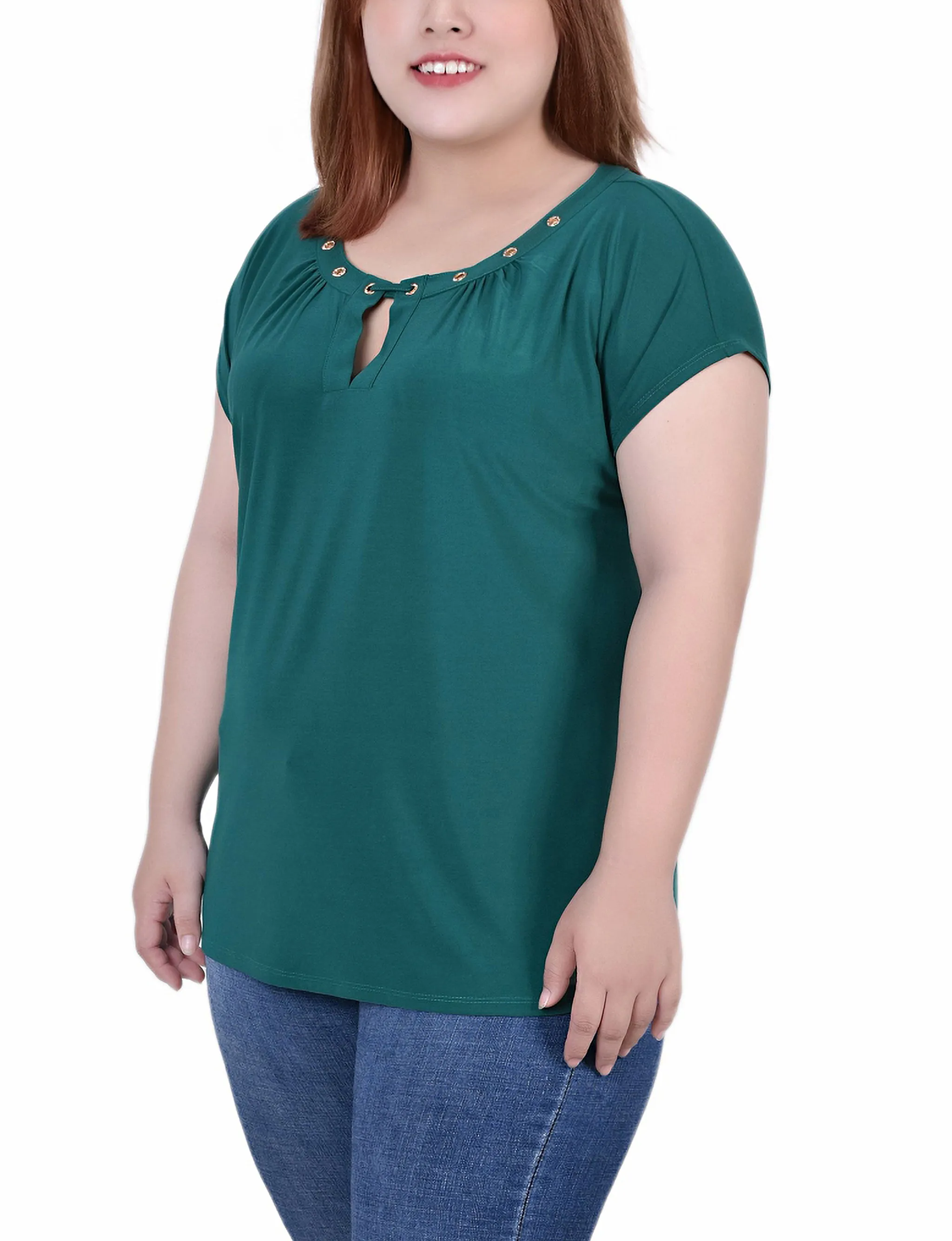 Plus Size Short Sleeve Grommet Top With Keyhole