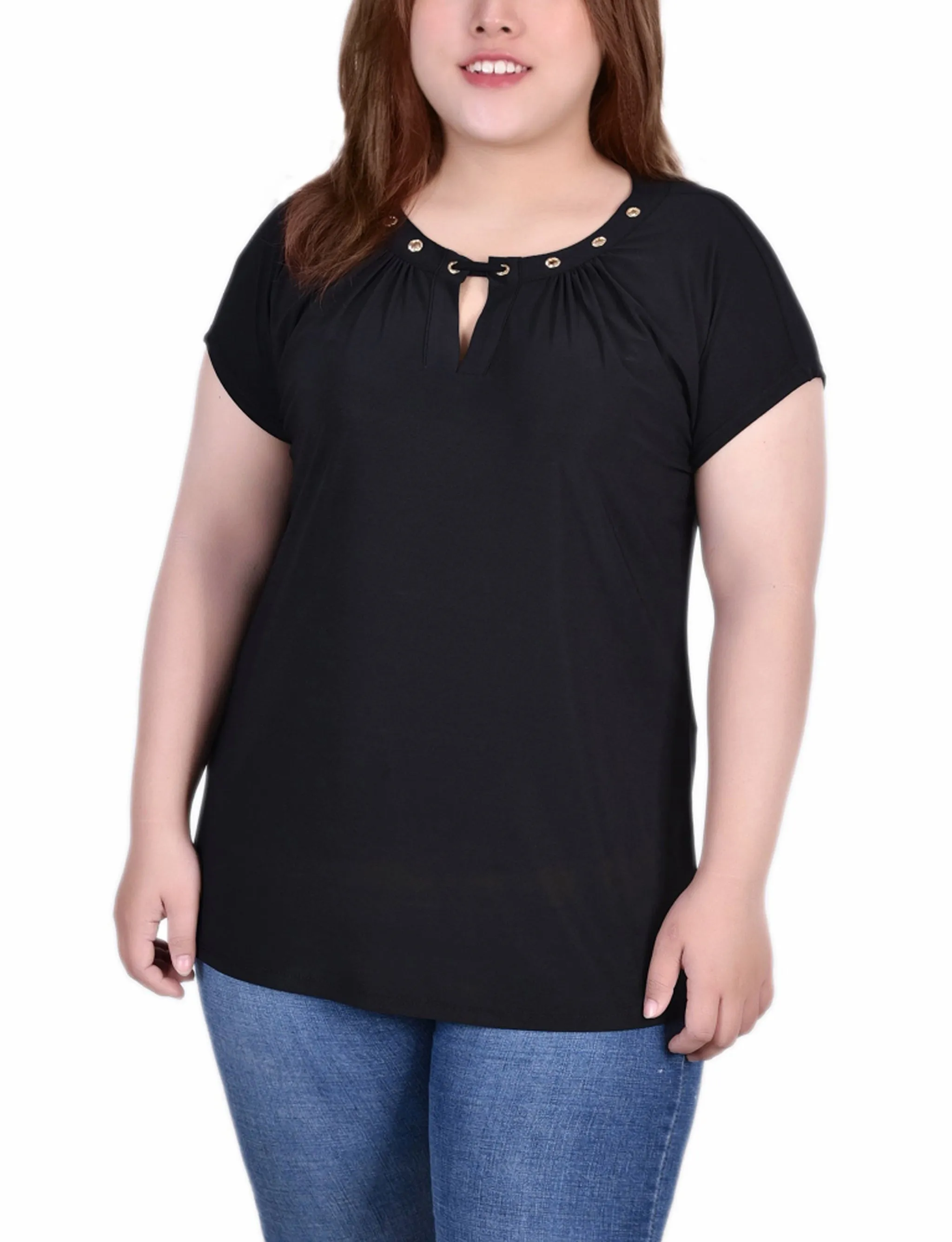 Plus Size Short Sleeve Grommet Top With Keyhole