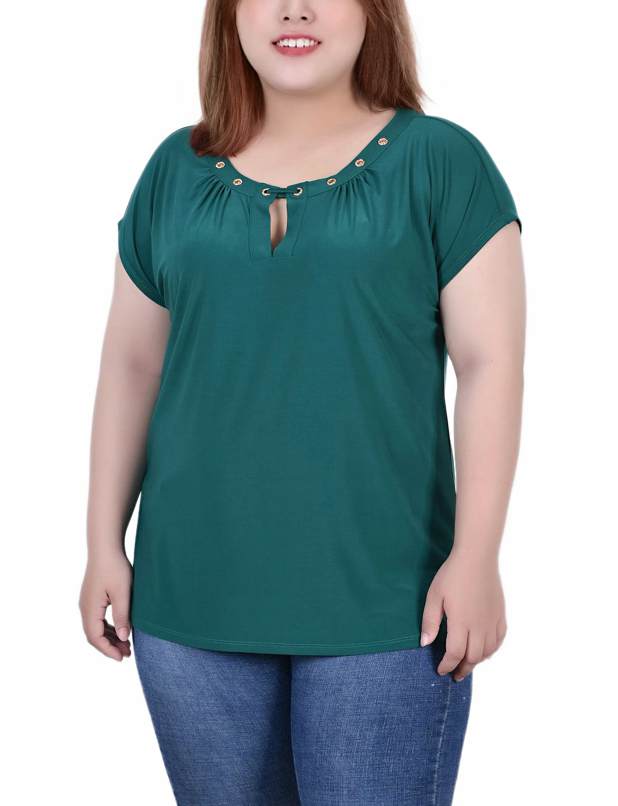 Plus Size Short Sleeve Grommet Top With Keyhole
