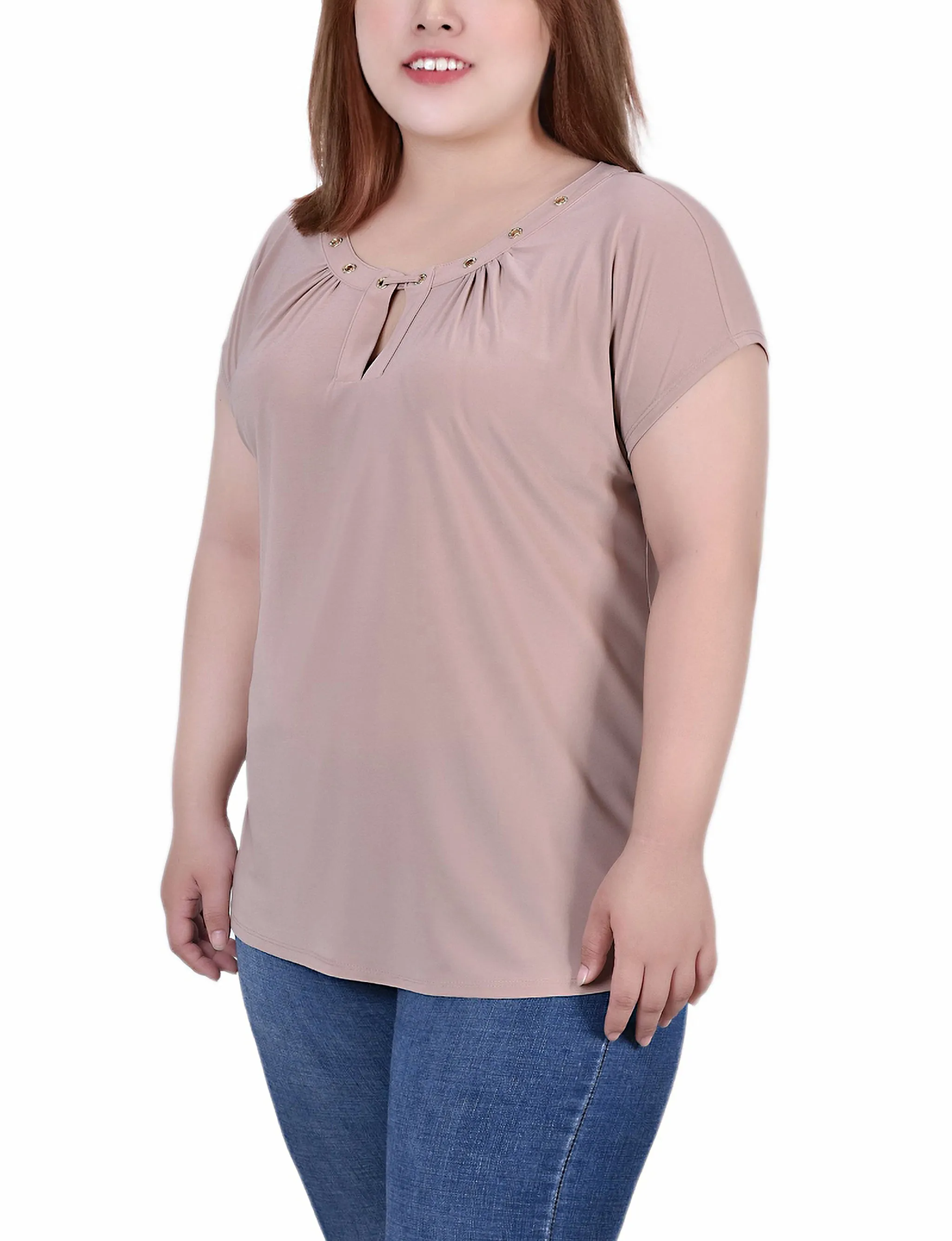 Plus Size Short Sleeve Grommet Top With Keyhole