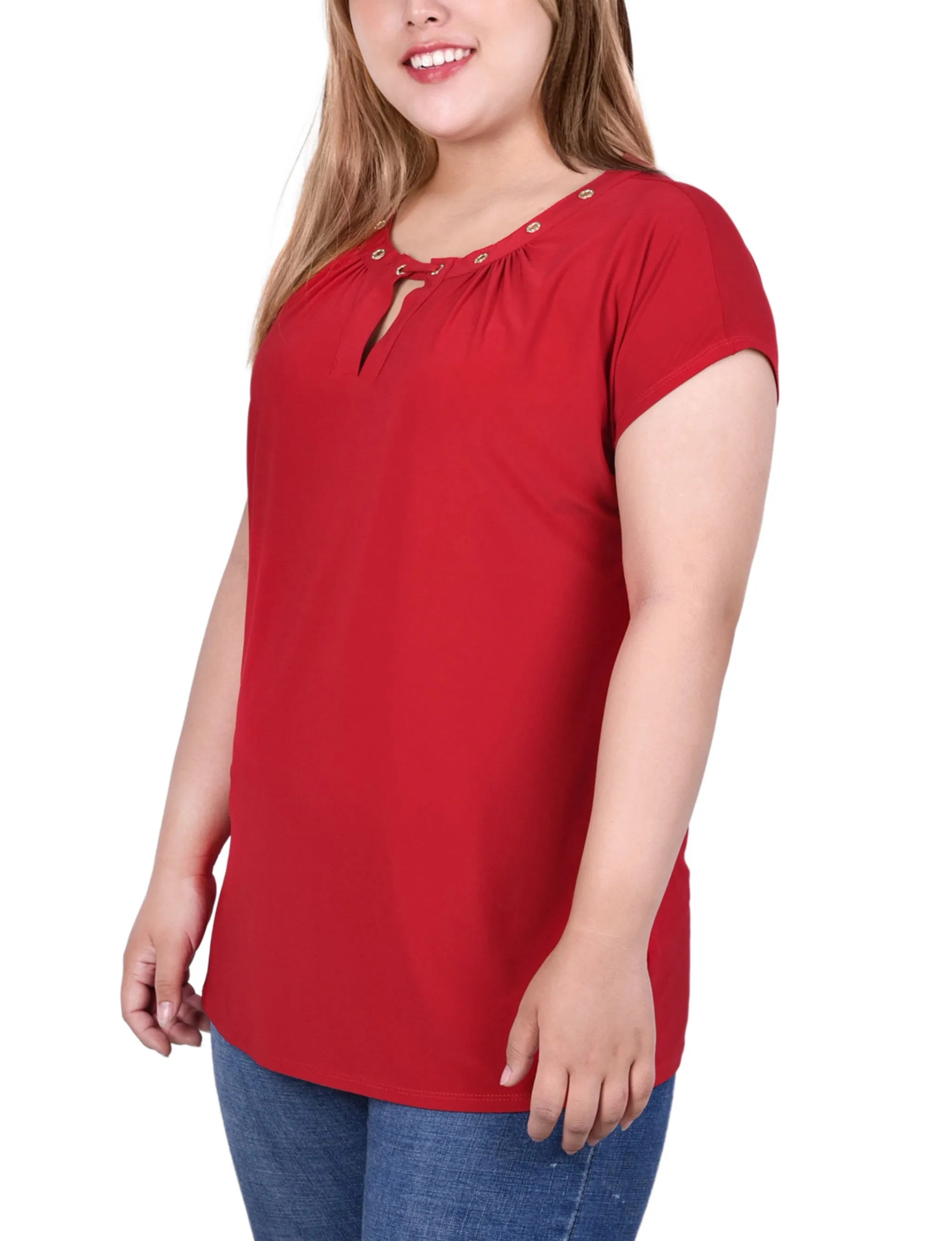 Plus Size Short Sleeve Grommet Top With Keyhole
