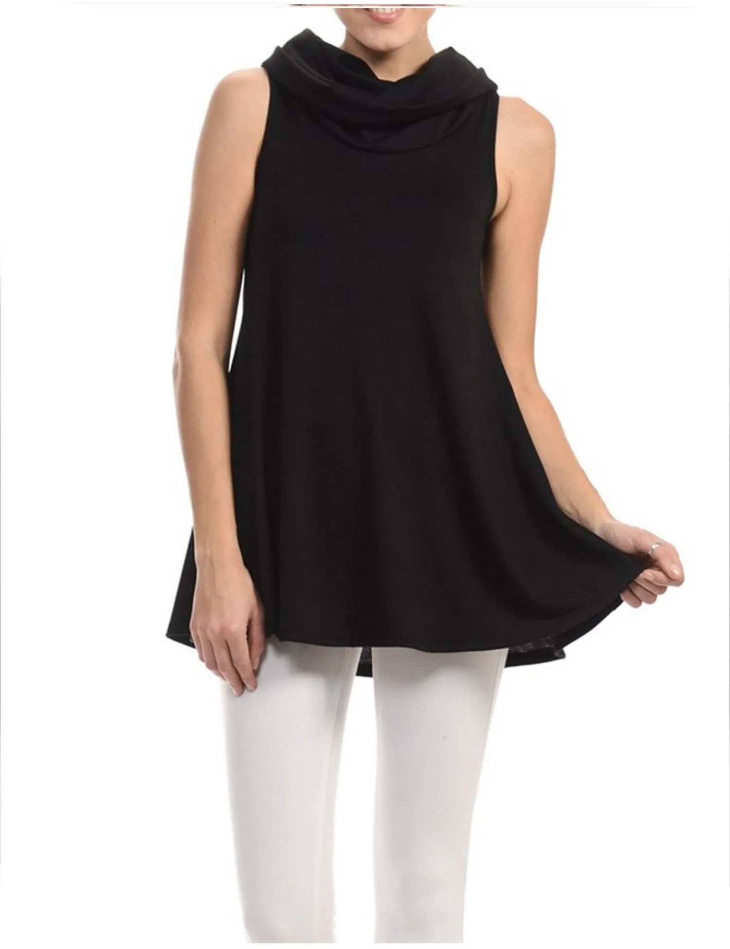 Solid Cowl Neck Sleeveless Flared Knit Top