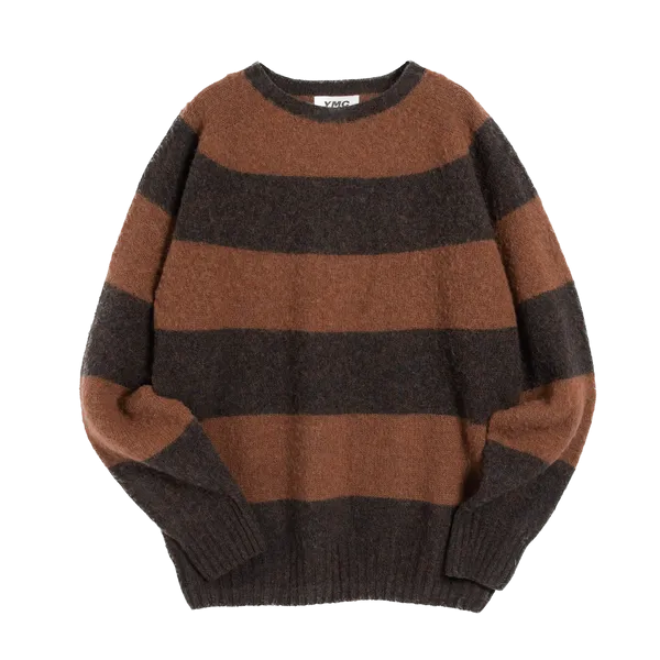 YMC Suedehead Stripe Crew Knit - Brown Stripe
